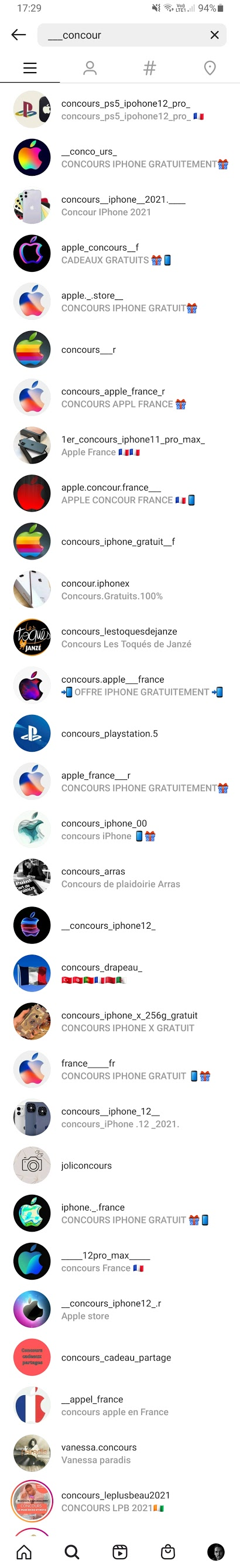 Capture d'écran Instagram du 26 avril 2021 présentant une liste de comptes de concours, la majorité correspondant au schéma de cette arnaque