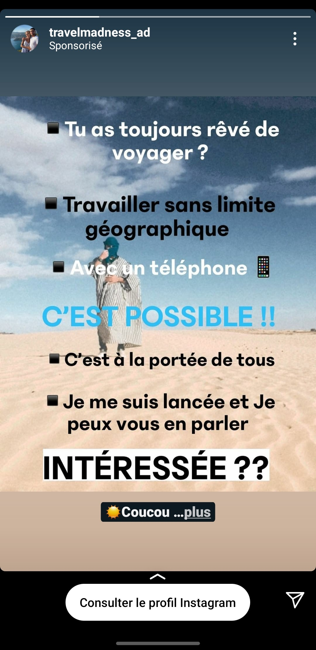 Capture d'écran Instagram du 9 avril 2021 pour "Travailler sans limite géographique" "Avec un téléphone"