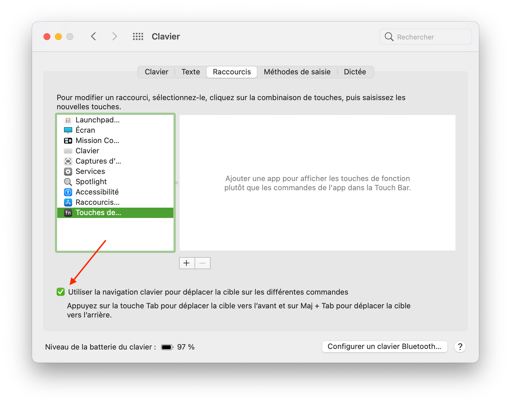 Capture d'écran des réglages du clavier sous macOS 10